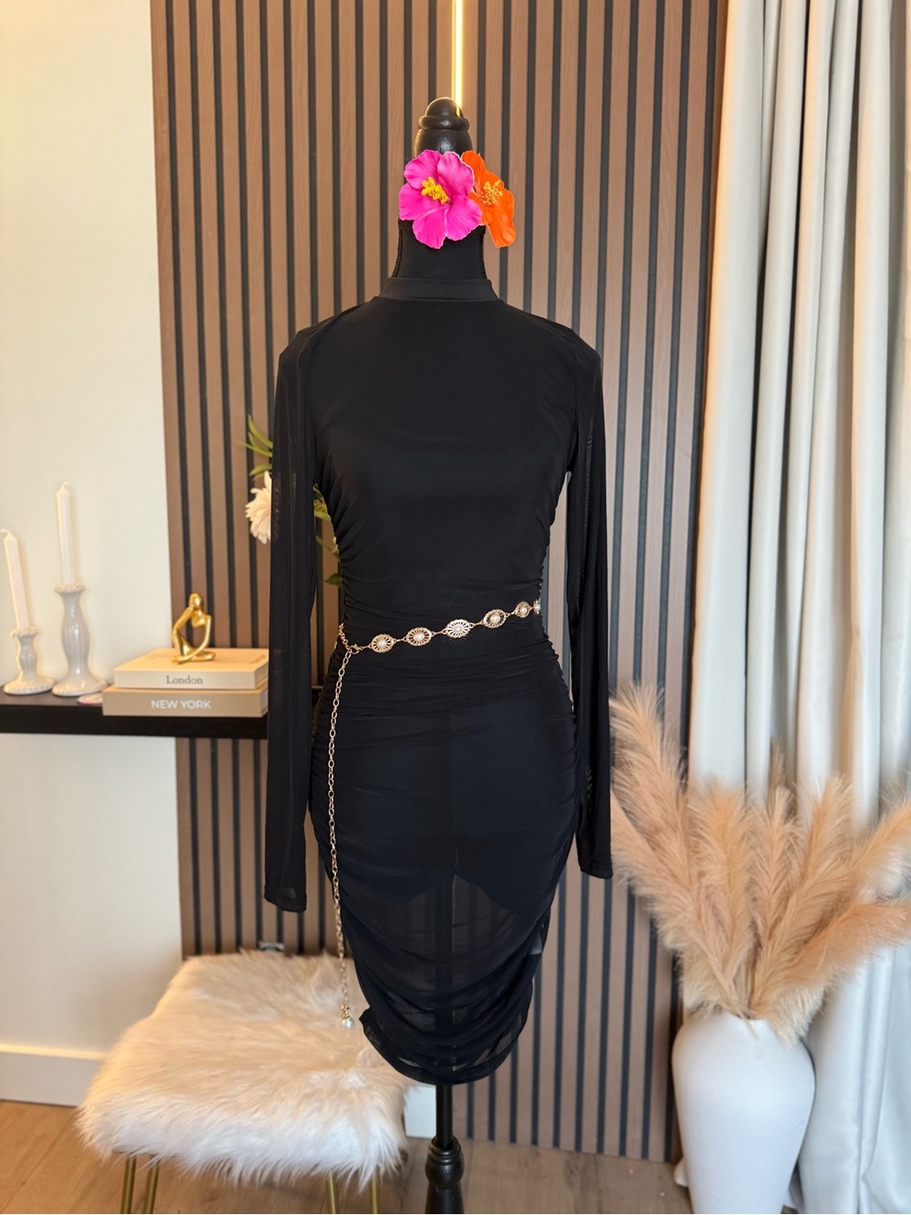 Black Long-Sleeve Ruched Midi Dress